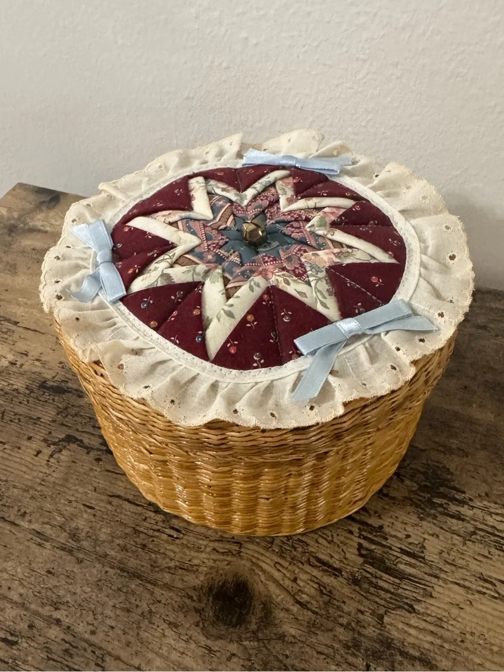 Vintage Wicker Sewing Basket with Quilt Top Lid